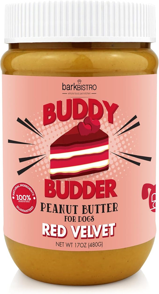 BUDDY BUDDER Red Velvet, 100% Natural Dog Peanut Butter, Healthy Peanut Butter Dog Treats, Stuff in Toy, Dog Pill Pocket, Made in USA, (17 oz Jars) (Red Velvet)
