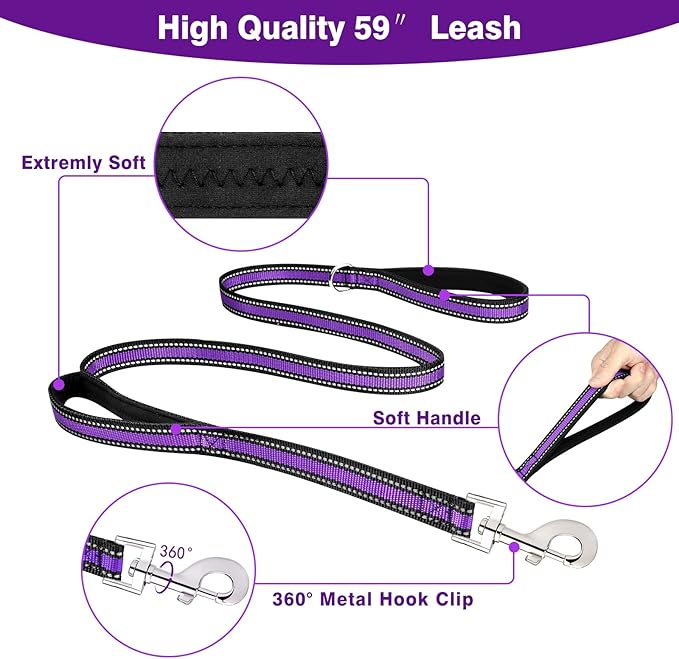 WINSEE Pet Harness Collar and Leash Set, All-in-one Reflective Dog Harness No Pull with Adjustable Buckles for Puppies, Small, Medium, Large, and Extra-Large Dogs (Small, Purple)