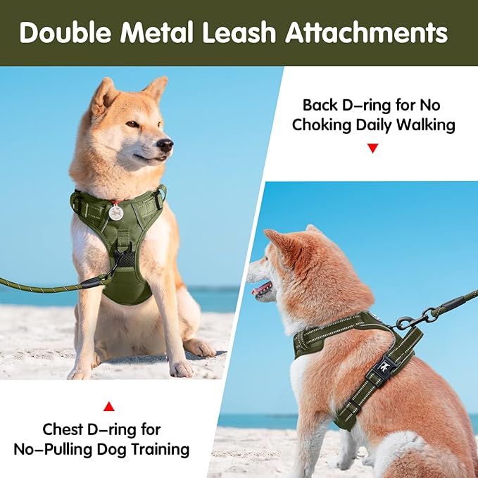 PoyPet No Pull Dog Harness and 5 Feet Leash Set, Release on Neck Reflective Adjustable Pet Vest, Front & Back 2 D-Ring and Soft Padded Pet Harness with Handle for Small to Large Dogs(Military Green,S)