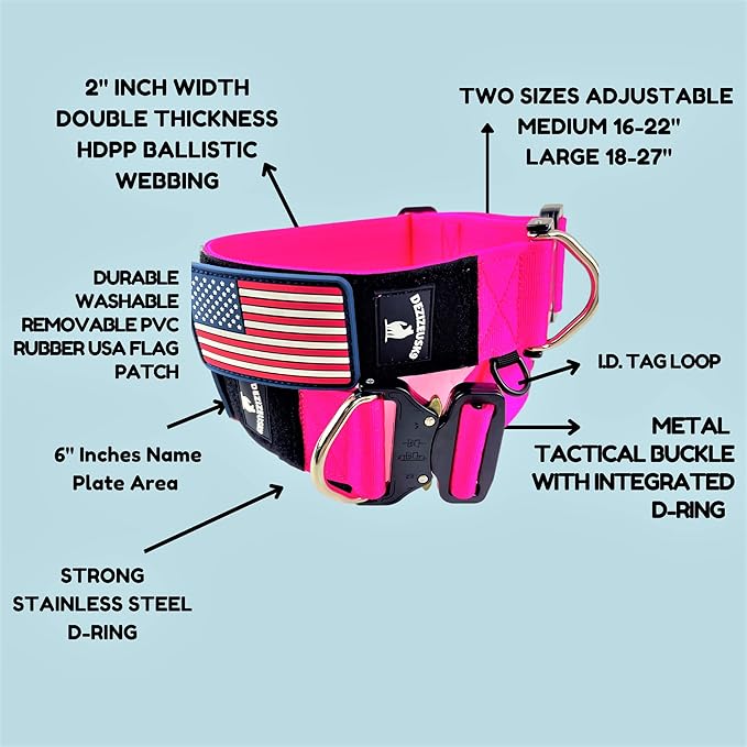 Tactical Dog Collar 2 Inch Wide Thick Heavy Duty Military Style with Metal Buckle, Adjustable for Medium - Large Breeds, Durable K9 Training Gear with Patch Area, USA Flag Patch, Strong and Secure Fit