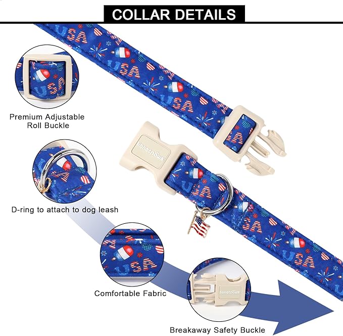 Lionet Paws 4th of July Dog Collar- Cute Summer Blue Dog Collars with Plastic Buckle and Flag Pendant, Light Adjustable Dog Collars for Small Medium Dogs
