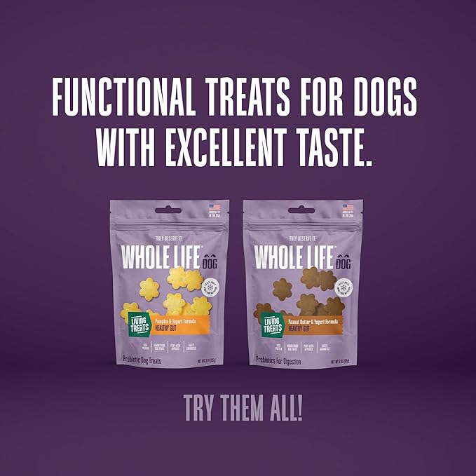 Whole Life Dog Living Treats for Dogs – Human Grade Probiotics for Digestive & Gut Health, Gas, Diarrhea, Vomit & Constipation Relief, Health Supplies - Peanut Butter, 12 oz (Pack of 1)
