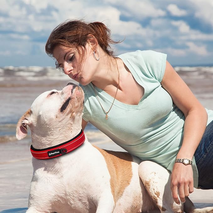 PetiFine Heavy Duty Dog Collar, Adjustable Soft Neoprene Padded Dog Collar with Metal Buckle, Reflective Belt Buckle Dog Collars for Large Dogs X-Large Dogs(24''-28'', Red)