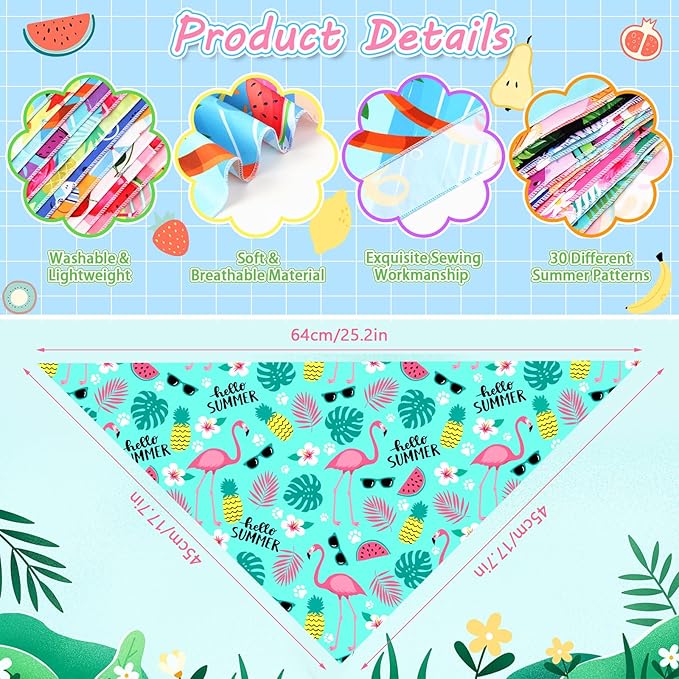 30Pcs Summer Dog Bandanas Bulk Hawaiian Dog Scarves Hawaii Fruit Triangle Puppy Bandanas Washable Adjustable Pet Bandana for Small Medium Large Dog Puppy Pet Grooming Accessories