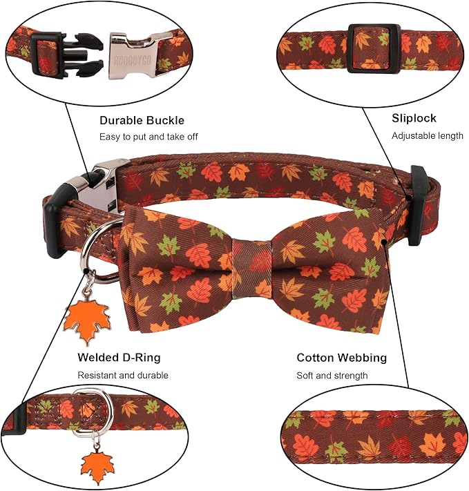 ADOGGYGO Fall Dog Collar with Bowtie, Adjustable, Brown, Maple Leaves Pattern, Halloween Thanksgiving Fall Bow Collars for Small Medium Large Dogs (Small)