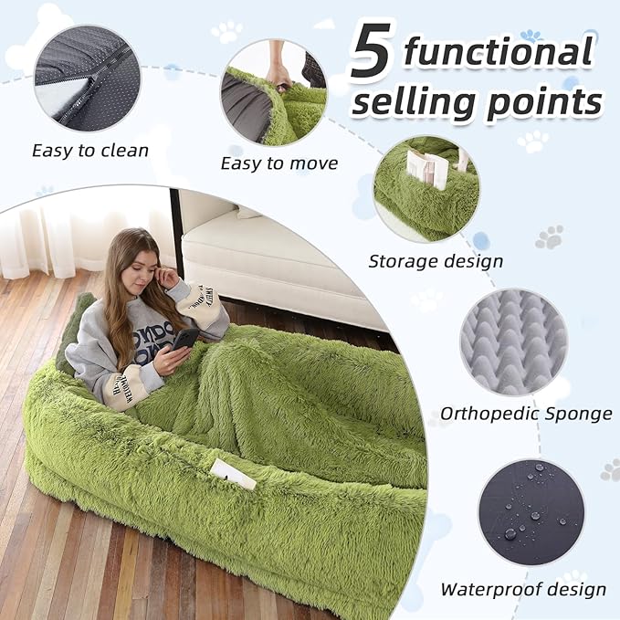 Human Dog Bed, 71''x45''x12'' Size Fits You and Pets, Washable Faux Fur Dog Bed for People Doze Off, Napping Orthopedic Dog Bed, Present Plump Pillow, Blanket, Strap - GrassGreen