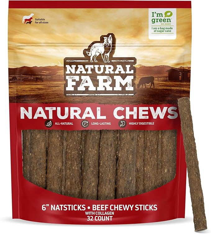 Natural Farm Natsticks Beef Chewy Sticks with Collagen (32-Pack), Made from Premium All-Natural Beef, Great for Small, Medium, Large Dogs, Protein-Rich, Quick-Chew Treats, Highly Digestible