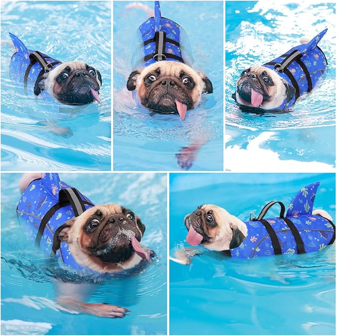Queenmore Large Dog Life Jacket, Dog Life Vest for Swimming, Cute Shark Life Vest with Rescue Handle/Leash Hook, Safety Dog Lifevests for Boating/Kayaking, Pet Life Jackets for Big Dogs (Prints,L)