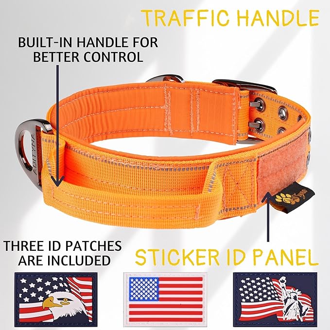 ADITYNA Heavy Duty Dog Collar for Large Dogs - Reflective Orange Collar with Handle for Training, and Walking - Wide, Thick, Tactical, Soft Neoprene Padded