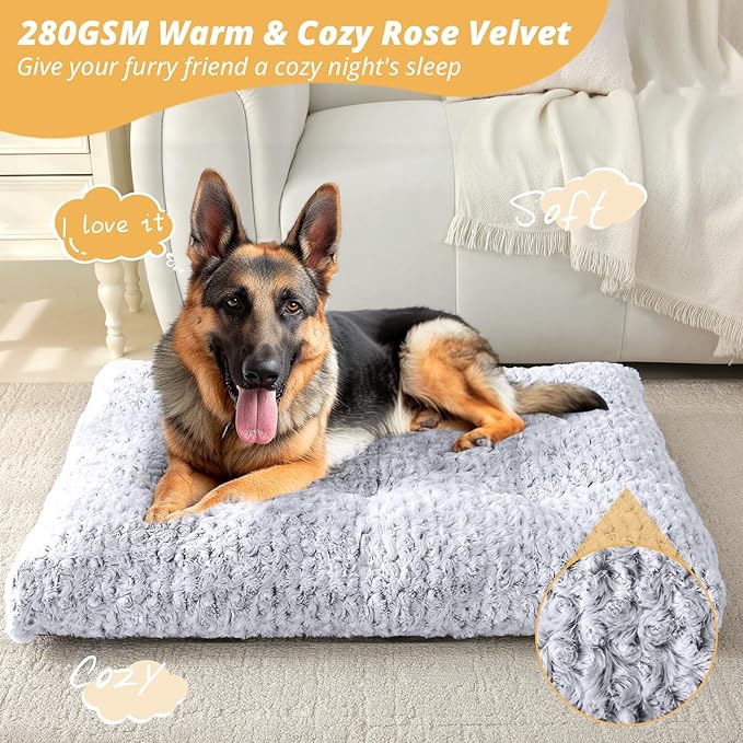 JOLLYVOGUE Washable Dog Bed for Crate, Deluxe Rose Plush Dog Crate Beds for Small Medium Large Size Dogs, Anti-Slip Soft Comfy Pet Kennel Pad, Fits Kennel Cage and Cat Bed Mat, 41" X 27", Gray