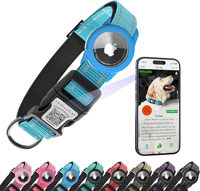 Dog Collar with QR Code, Reflective Dog Collar, Soft Neoprene Padded & Safety Locking Buckle Adjustable Pet Collar (Blue, XS-with Airtag Holder)