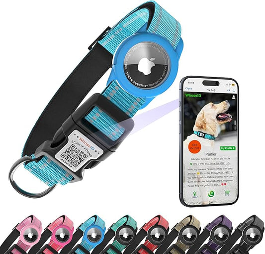Dog Collar with QR Code, Reflective Dog Collar, Soft Neoprene Padded & Safety Locking Buckle Adjustable Pet Collar (Blue, S-with Airtag Holder)