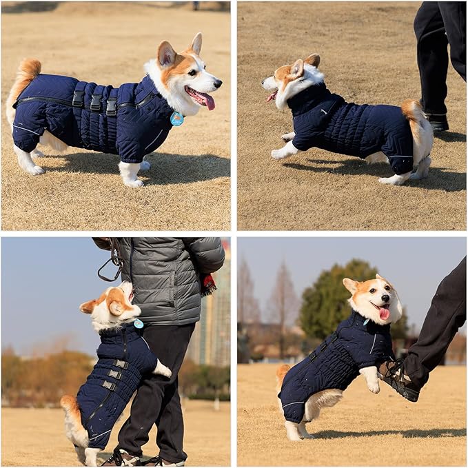 Warm Dog Coat Double Layers Dog Vest, 4 Legs Covered Windproof Waterproof Reflective Warm Dog Vest Outdoor Skating Dog Costume for Small Medium Large Dogs Navyblue 5XL