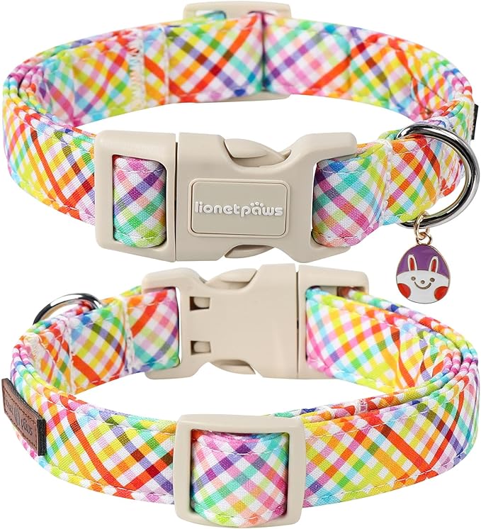 Lionet Paws Easter Dog Collar, Comfortable Adjustable Colorful Plaid Collar with Purple Rabbit for Medium Male Female Dogs Collars, Neck 13.5-22 inches