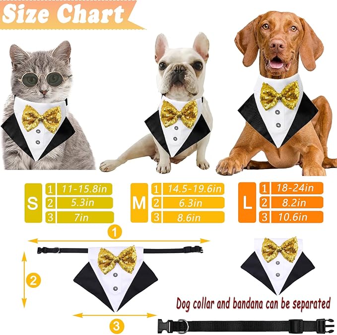 Tuxedo Costume Wedding Bandana Nylon Collar Suit With Gold Bow Tie Adjustable Black Tux Formal Dog Clothes for Small Medium Large Pet Birthday Christmas Dress Outfits