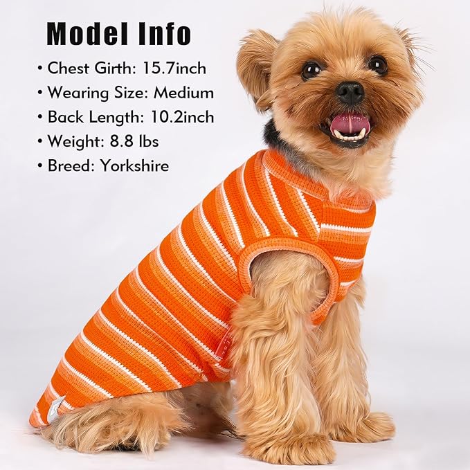 KYEESE 2Pack Waffle Dog Shirts for Small Dogs Stretchy T-Shirts Lightweight Tank Top Sleeveless Striped Shirt Vest Breathable Cat Shirt, XX-Large, Orange+Striped