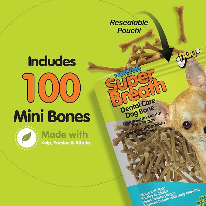 Naturals Super Breath Dental Care Bones for Dogs - 100 Count Mini Dog Dental Treats for Extra Small Dogs, Made in USA, Tasty Dog Dental Chews Help Reduce Plaque, Tartar Buildup & Freshens Breath