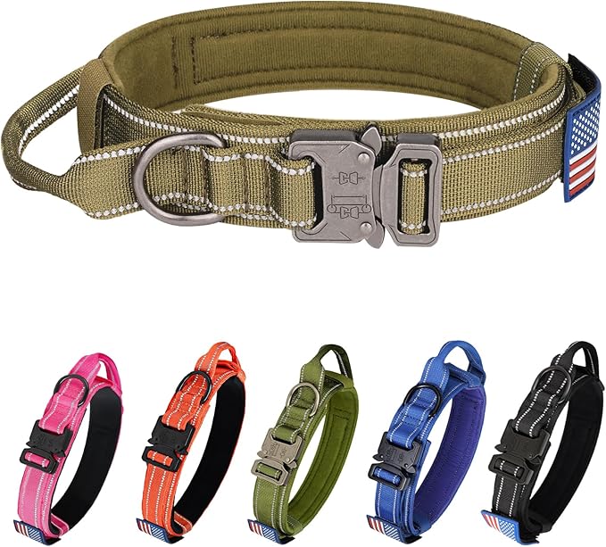 KCUCOP Tactical Dog Collar for Medium & Large Dogs - Military Nylon Heavy Duty Collar with Handle, Reflective Strip & Metal Buckle for Training, Outdoor (Brown Reflective, Medium)