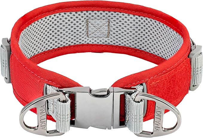 Durable 2-inch Adjustable Dog Collar for Medium Dogs – Reflective, Heavy-Duty Metal Buckle, Comfortable Mesh Lining, Includes Patch and AirTag Holder (Red, Medium: Fit 15" - 18" Neck)