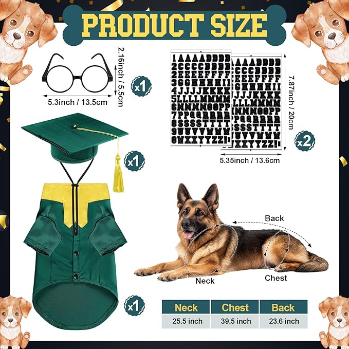 5 Pcs Dog Graduation Costume Set Include 2025 Pet Graduation Gown with Stole Puppy Grad Cap Lensless Glasses DIY Letter Stickers for Dogs Cats Holiday Costume Accessory(Green Yellow,2XL)