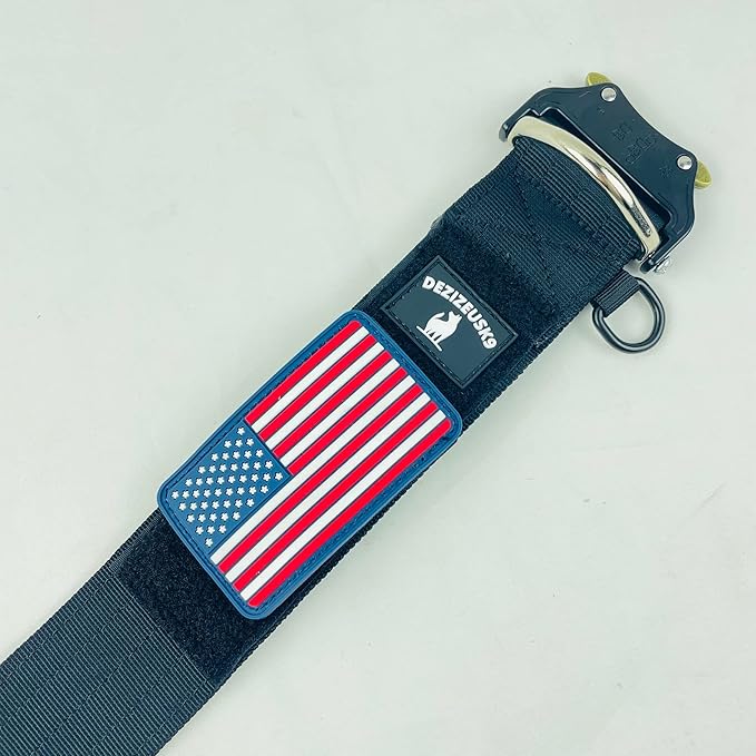 Tactical Dog Collar 2 Inch Wide Thick Heavy Duty Military Style with Metal Buckle, Adjustable for Medium - Large Breeds, Durable K9 Training Gear with Patch Area, USA Flag Patch, Strong and Secure Fit