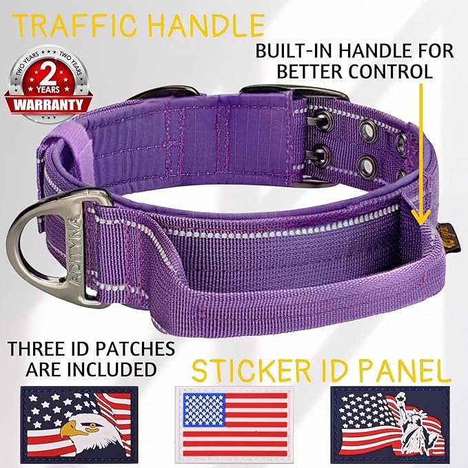 ADITYNA Heavy Duty Dog Collar for Medium Dogs - Reflective Purple Collar with Handle for Training, and Walking - Wide, Thick, Tactical, Soft Neoprene Padded