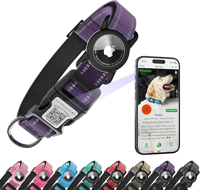 Dog Collar with QR Code, Reflective Dog Collar, Soft Neoprene Padded & Safety Locking Buckle Adjustable Pet Collar (Purple, XS-with Airtag Holder)