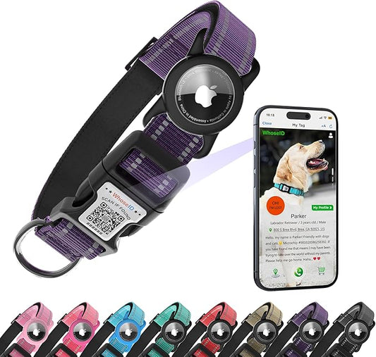 Dog Collar with QR Code, Reflective Dog Collar, Soft Neoprene Padded & Safety Locking Buckle Adjustable Pet Collar (Purple, XS-with Airtag Holder)