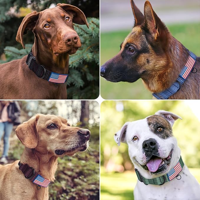 KCUCOP Heavy Duty Dog Collar - Adjustable Tactical Military Dog Collars with Metal Buckle, Quick Release, 2 D-Rings & Flag Patch for Medium & Large Dogs(Green-L)