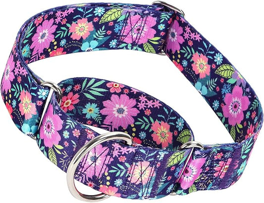 Martingale Dog Collar 1.5 Inch Wide - Bohemian Floral Print Adjustable Nylon No-Pull Training Collar for Large/XL Dogs, Heavy Duty Design for Walking, Hunting & Outdoor Activities (L)