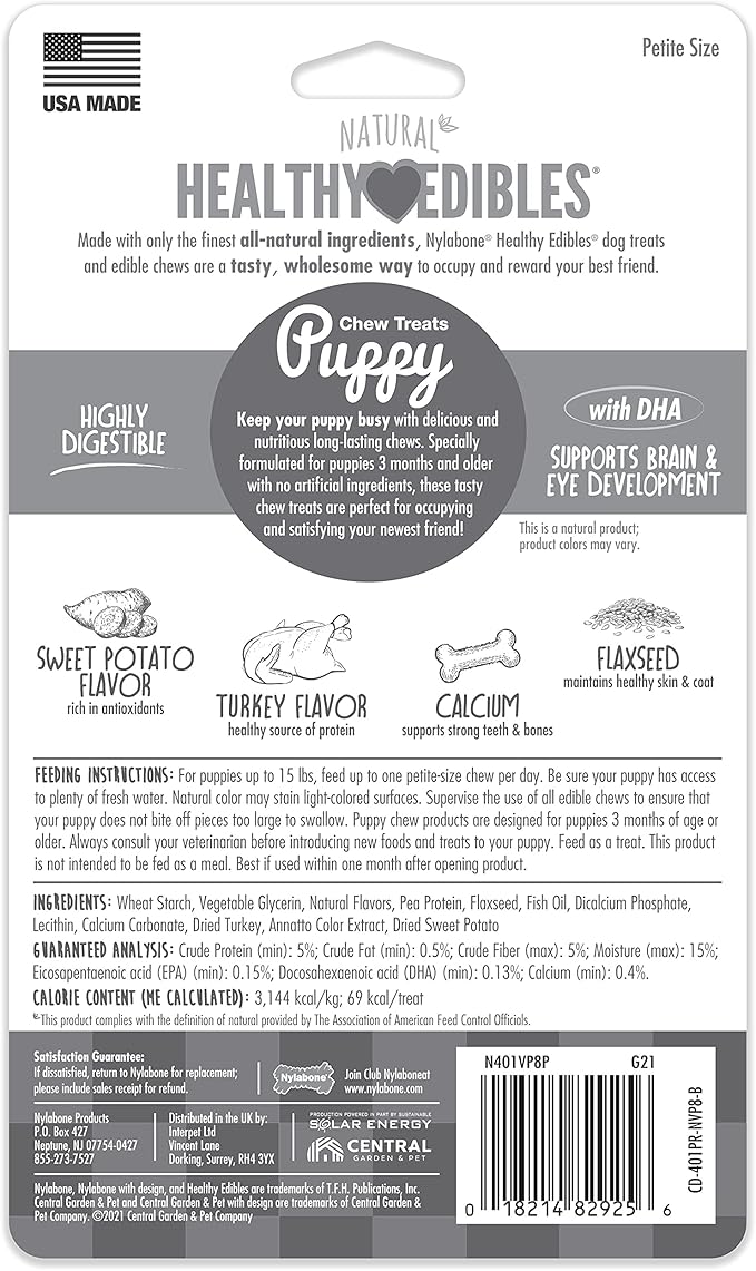Nylabone Healthy Edibles Natural Puppy Chews Long Lasting Treats for Puppies, Turkey & Sweet Potato Flavor, X-Small/Petite (8 Count)