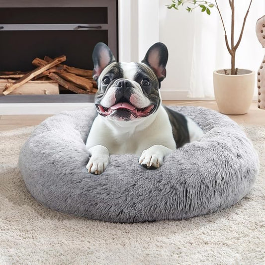 JOLLYVOGUE Calming Dog & Cat Bed for Small Dogs, Anti-Anxiety Donut Cuddler Cozy Soft Round Bed with Anti-Slip Bottom, Fluffy Faux Fur Plush Cushion Beds for Small Medium Dogs, 23"/Smoke Gray