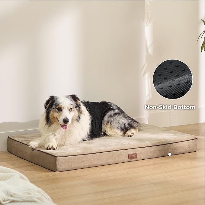 Bedsure Memory Foam Dog Crate Bed for Extra Large Dogs - XL Orthopedic Waterproof Pet Beds with Removable Washable Water-Resistant Cover and Nonskid Bottom - Plush Flannel Fleece Top Pet Mat, Khaki
