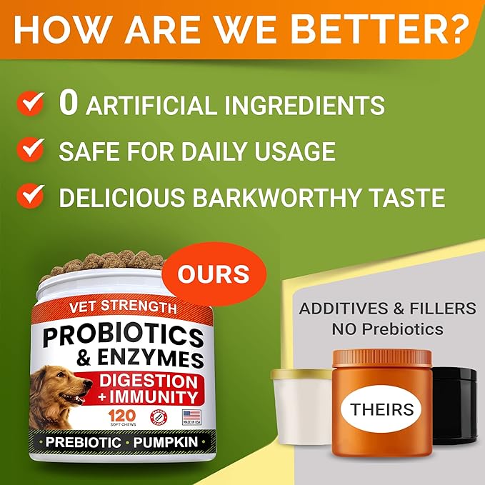 STRELLALAB Vet Strength Dog Probiotics Treats - 1 Billion CFU + Digestive Enzymes + Prebiotics - Chewable Fiber Supplement w/Pumpkin - Allergy, Diarrhea, Gas, Constipation, Upset Stomach Relief