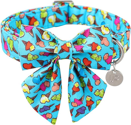 Summer Dog Collar with Bow Tie, Cotton Cute Bowtie, Comfortable Blue Collar with Metal Buckle, XL, Neck 16-26in