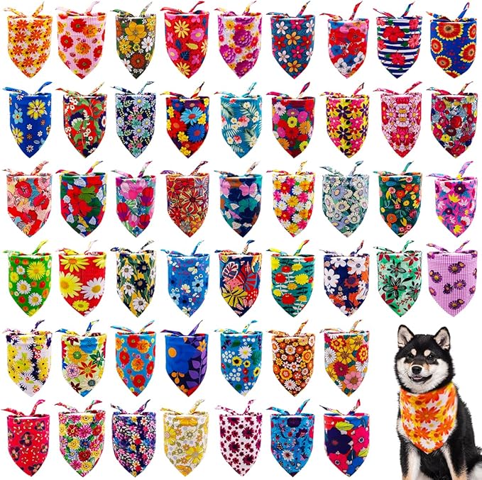 100PCS Dog Bandanas Floral Spring Flowers Bulk for Small Medium Dog Pink Purple Bule Kerchief Triangle Bibs Head Scarves for Boys Girls Grooming Accessories Costume