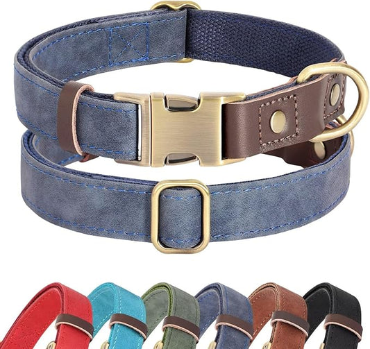 Didog Soft Padded Leather Dog Collars for Small Dogs,Classic Heavy Duty Dog Collars Adjustable with Quick Release Metal Buckle,Blue,S Neck 10-15"
