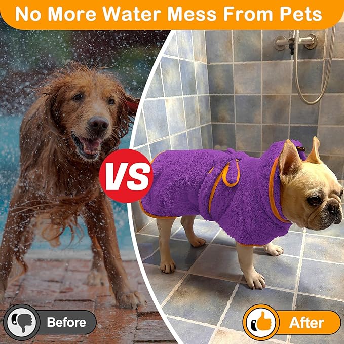 Bienbee Soft Dog Bathrobe,Super Absorbent & Quick-Drying Dog Robe with Hood, Cozy Drying Coat for After Bath, Purple XXL
