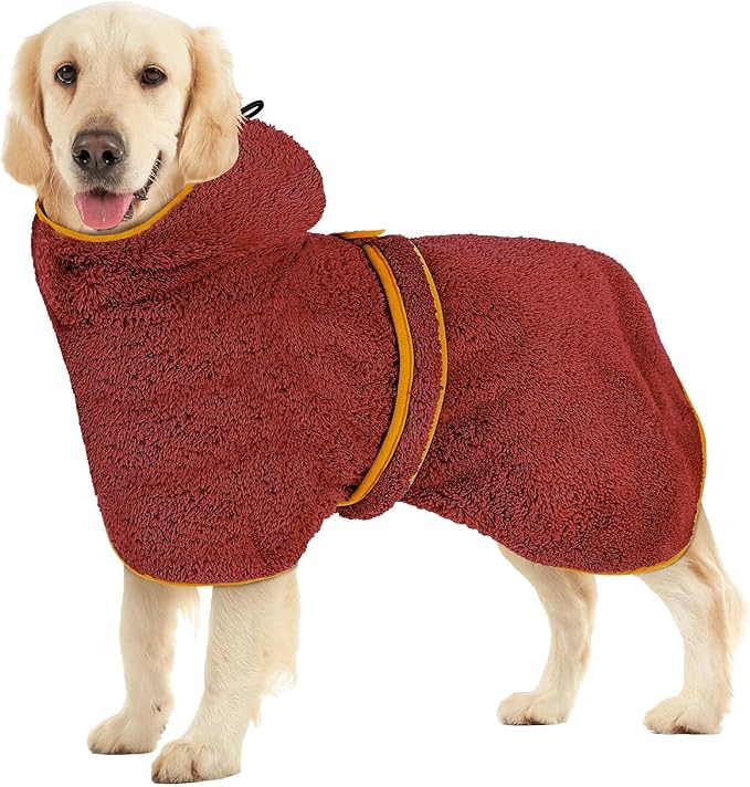 Bienbee Soft Dog Bathrobe,Super Absorbent & Quick-Drying Dog Robe with Hood, Cozy Drying Coat for After Bath, Red L