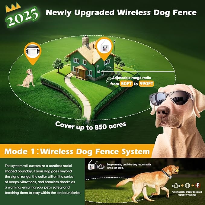 Wireless Dog Fence System, 2025 Electric Fence for Dog & Training Collar with Big LCD Screen, Portable Wireless Fence with 2.4GPFC Antenna, Waterproof & Adjustable Dog Perimeter Collar