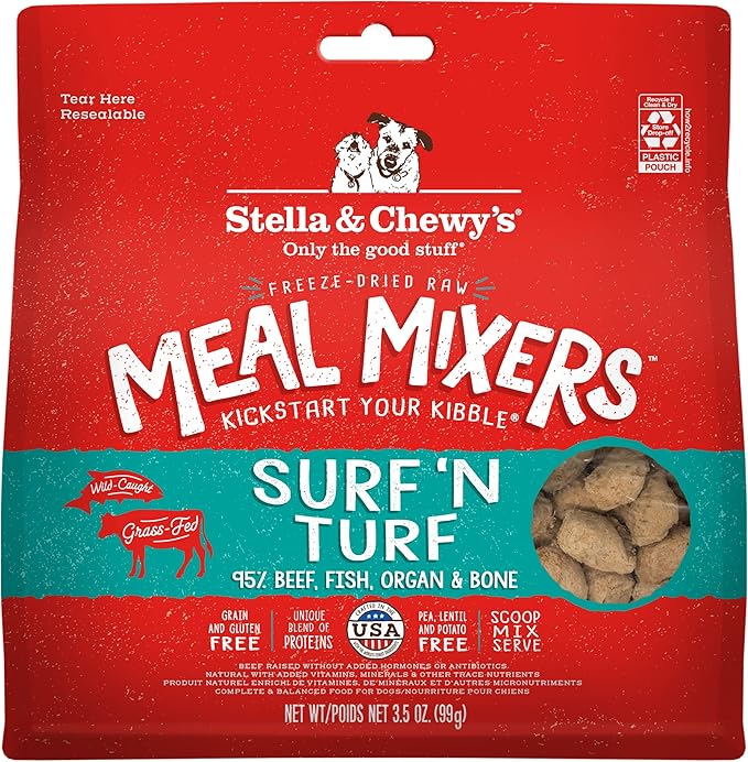 Stella & Chewy's Freeze-Dried Raw Surf & Turf Meal Mixers - Dog Food Topper and Mixer - Made with 95% Grass-Fed Beef & Wild-Caught Salmon - Perfect for Picky Eaters - Grain-Free - 3.5 oz