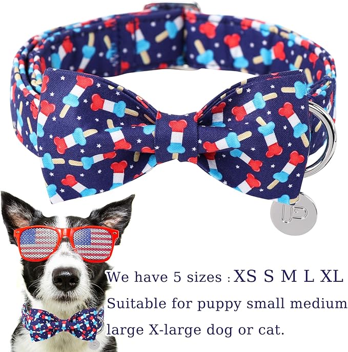 American Flag Dog Collar with Bow Tie, 4th of July Comfortable Cotton Cute Dog Collar with Metal Buckle, Patriotic Bowtie Collar for Puppy Girl Boy Dog or Cat, XS