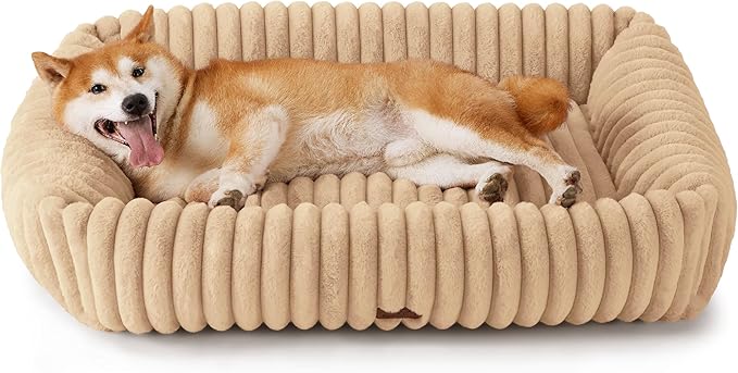 Bedsure Washable Dog Bed for Medium Dogs - Cute Furry Puppy Beds, Rectangle Orthopedic Corduroy Fleece Pet Beds with Removable Zipper Cover, 36x27x8inches, Sandy Tan