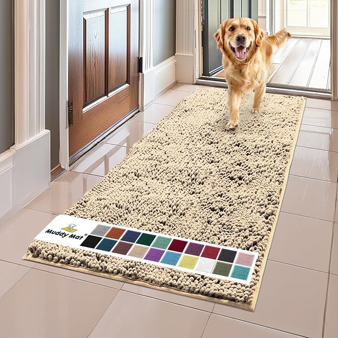 Muddy Mat® Shown on TV – Super Absorbent Microfiber Dog Door Mat for Muddy Paws, Non-Slip Washable Pet Rug, Quick Dry Chenille Entryway Carpet, Machine Washable Indoor Outdoor mat, Beige 59"x24"