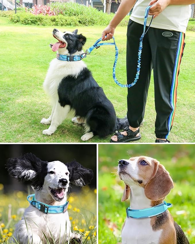 Hotsky Tactical Dog Collar and Leash Set, Heavy Duty Military Airtag Dog Collar with Handle and Metal Buckle for Training and Walking, with Airtag Holder and Two Patches (Blue Camo, M)
