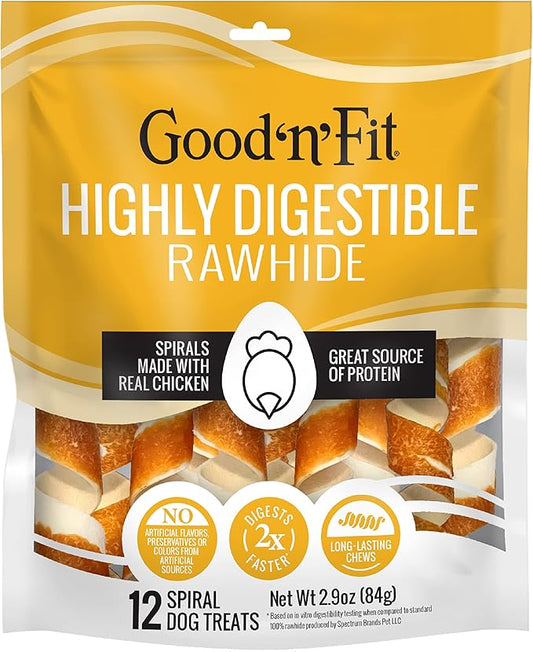 Good ‘n’ Fit Spirals Made with Real Chicken, 12 Count, Treat Your Dog to Long-Lasting and Highly Digestible Rawhide Chews