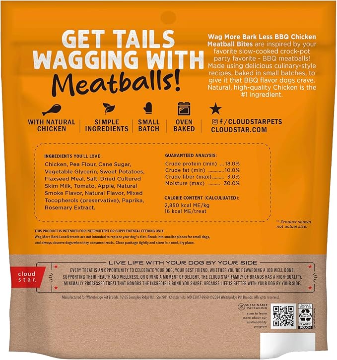 Cloud Star Wag More Bark Less Grain Free Meatball Bites, BBQ Chicken Recipe, 14 oz.