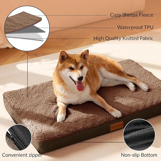 Patas Lague Orthopedic Dog Bed for Medium Dogs, Soft Comfortable Waterproof Egg Crate Foam Medium Pet Beds Mat with Removable Washable Cover, 30''X20'' Brown