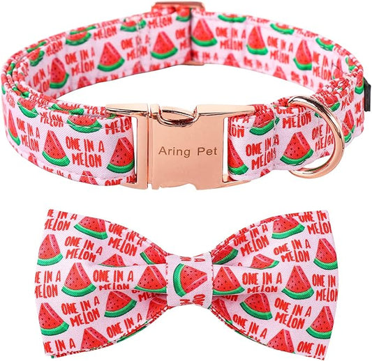 ARING PET Summer Pink Watermelon Dog Collar with Bow, Adjustable Cotton Bowtie Collar with Metal Buckle