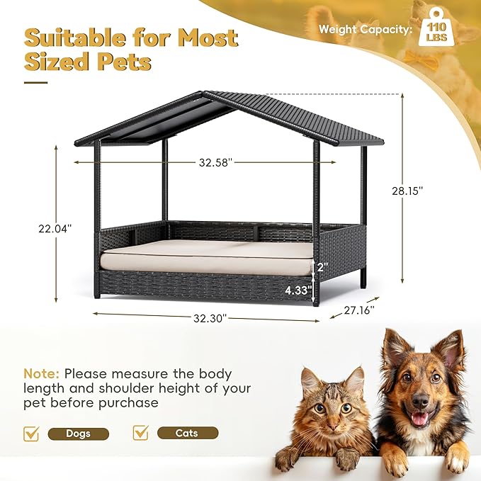Greesum Wicker Dog House for Small/Medium Dogs, Outdoor Indoor Elevated Dog Shelter Dog Bed with Cushion, for Deck, Patio, Yard, Pool, Black House